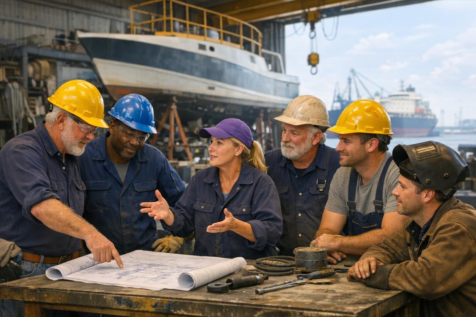 Skilled coastal workers at a port and marine jobsite during a shift change