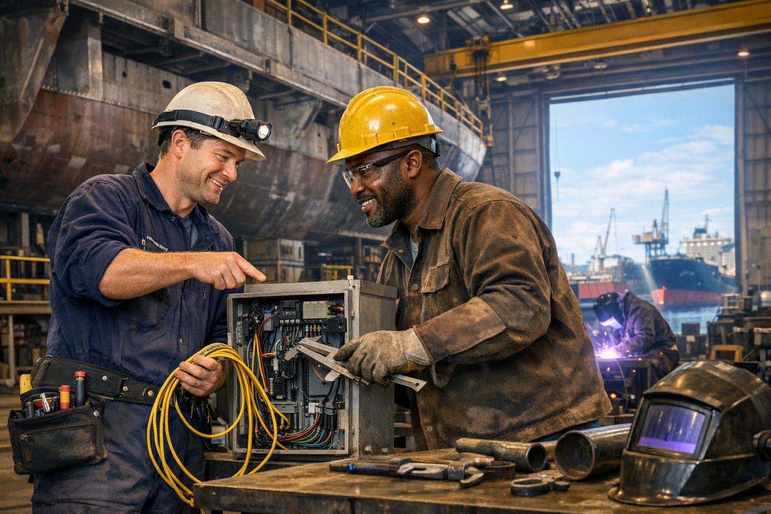 Skilled marine trades professionals working in a U.S. shipyard on welding, electrical, and vessel repair tasks