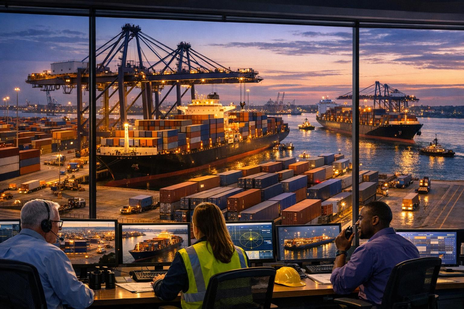 Port and logistics workers preparing cargo operations during a busy seasonal shipping window