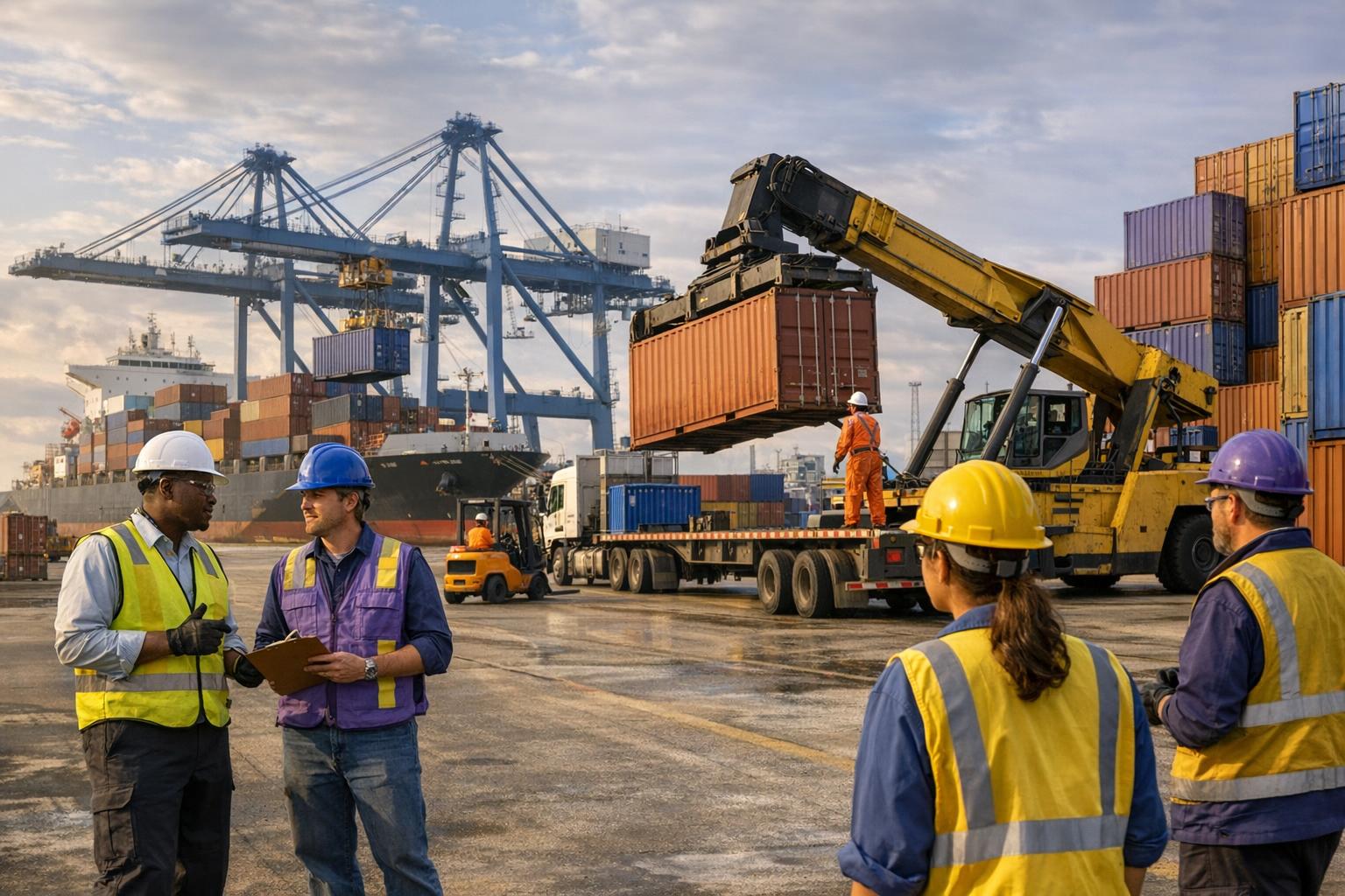 Container port activity along the Southeast coast with cranes, trucks, and terminal labor operations