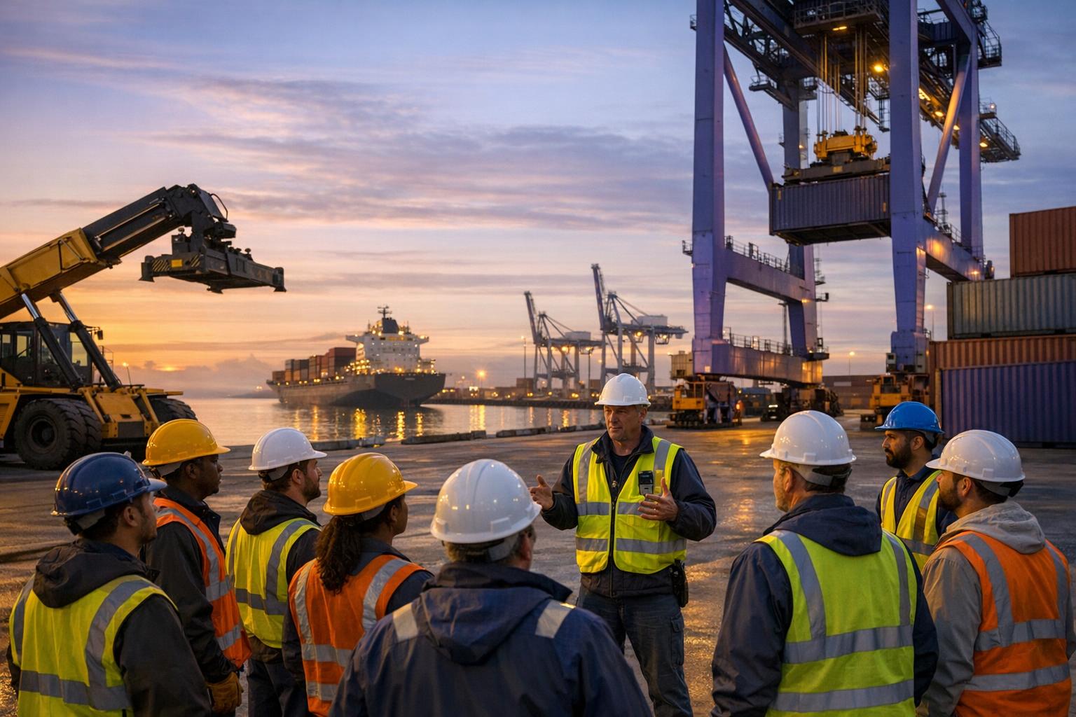 Port workers and equipment operating in a marine terminal with visible traffic lanes and safety gear